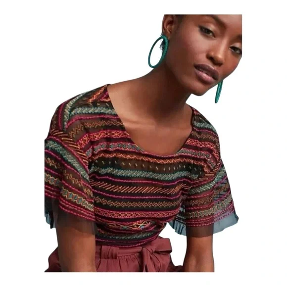 Maeve by Anthropologie Naples Embroidered Mesh Blouse size L. - Picture 7 of 12